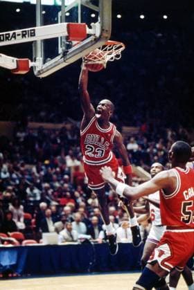 Michael Jordan dunking during a 1989 game against the New York Knicks. Michael Jordan of the Chicago Bills dunking during a 1989 game against the New York Knicks at Madison Square Garden in New York. New York New York United States Copyright: xAdamxStoltmanx Michael_Jordan_Dunk067