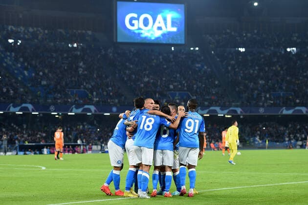 Players of SSC Napoli celebrate after scoring during the Uefa Champions League match between SSC Napoli and Rangers FC at Stadio Diego Armando Maradona Naples Italy on 26 October 2022. Naples Stadio Diego Armando Maradona Naples Italy Copyright: xFrancoxRomanox SP24-451-069