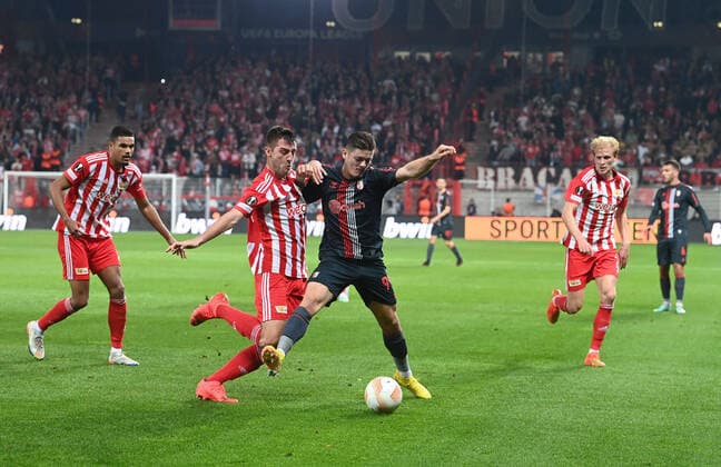 Football, Men, Season 2022 2023, Europa League Group D, Matchday 5 1 FC Union Berlin SC Sporting Braga, v l Danilho Doekhi 1 FC Union , Robin Knoche 1 FC Union , Vitor Oliveira Vitinha, SC Sporting Braga , Morten Thorsby 1 FC Union Berlin , 27 10 2022, Copyright: xMatthiasxKochx