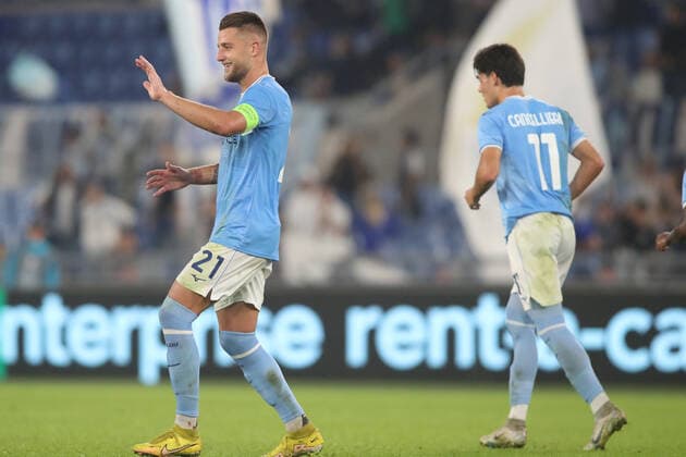 Rome, Italy 27.10.2022: Milinkovic Savic of Lazio score the goal for 1-1 and celebrates during the Uefa Europe League 2022-2023 , Group F - SS matchday 5, football match between SS Lazio vs FC Midtjylland at Olympic Stadium in Rome, Italy.  Copyright: xmarcoxiacobuccix xipa-agency.netx xmarcoxiacobuccix 0