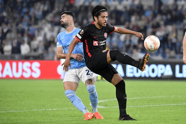 Elseid Hysaj of SS Lazio and Evander da Silva Ferreira of Midtjylland during the Europa League Group F football match between SS Lazio and Midtjylland at Olimpico stadium in Roma (Italy), October 27th, 2022. Photo Andrea Staccioli Insidefoto andreaxstaccioli