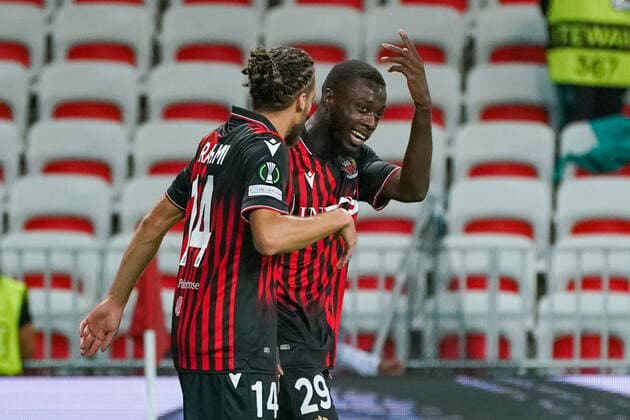 Joie - Nicolas Pepe (OGC Nice) - Billal Brahimi (OGC Nice) FOOTBALL : OGC Nice vs FK Partizan - Conference League - Phase de groupe - Nice - 27 10 2022 NorbertScanella Panoramic 