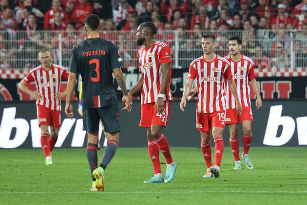 DEU, Europa League, 1 FC Union vs SC Braga, 27 10 2022, Stadion Alte Foersterei, Berlin, DEU, Europa League, 1 FC Union vs SC Braga, in picture Jordan Siebatcheu 1 FC Union Berlin 45 , Janik Haberer 1 FC Union Berlin 19 , Diogo Leite 1 FC Union Berlin 4 , Julian Ryerson 1 FC Union Berlin 6 , Tormena SC Braga 3 DFL regulations prohibit any use of Photographs as image sequences and or quasi video Foto Juergen Engler nordphoto GmbH JuergenxEngler nph00076