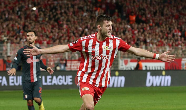 Robin Knoche jubilant joy emotion jubilation after 1 0 sports football soccer UEL UEFA Europa League men season 2022 2023 27 10 2022 1 FC Union Berlin FCU vs SC Sporting Braga DFL regulations prohibit any use of photographs as image sequences and or quasi video