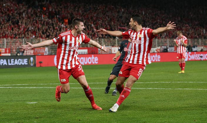 Robin Knoche jubilant, Rani Khedira joy emotion jubilation after 1 0 Sport Football Soccer UEL UEFA Europa League Men Season 2022 2023 27 10 2022 1 FC Union Berlin FCU vs SC Sporting Braga DFL regulations prohibit any use of photographs as image sequences and or quasi video