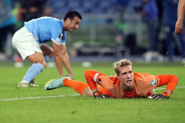 Rome, Italy 27.10.2022: Jonas Loss of Midtjylland follow the ball, Pedro of Lazio score goal in outside during the Uefa Europe League 2022-2023 , Group F - SS matchday 5, football match between SS Lazio vs FC Midtjylland at Olympic Stadium in Rome, Italy.  Copyright: xmarcoxiacobuccix xipa-agency.netx xmarcoxiacobuccix 0