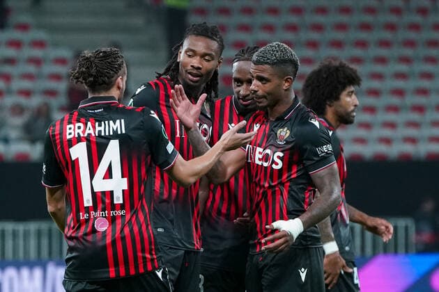 Joie - Khephren Thuram (OGC Nice) - Mario Lemina (OGC Nice)- Billal Brahimi (OGC Nice) FOOTBALL : OGC Nice vs FK Partizan - Conference League - Phase de groupe - Nice - 27 10 2022 NorbertScanella Panoramic 