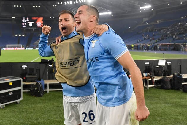 Stefan Radu and Adam Marusic of SS Lazio celebrate at the end of the Europa League Group F football match between SS Lazio and Midtjylland at Olimpico stadium in Roma (Italy), October 27th, 2022. Photo Andrea Staccioli Insidefoto andreaxstaccioli