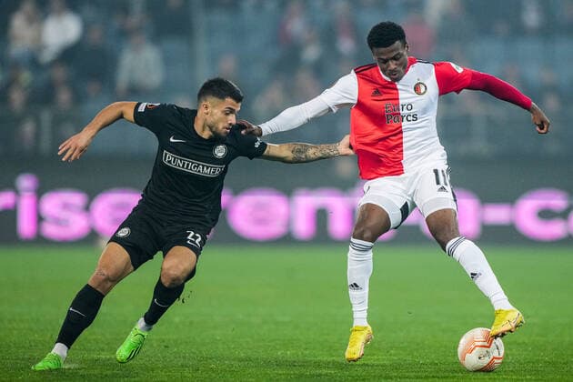 UEFA Europa League: SK Sturm Graz v Feyenoord Graz - Jusuf Gazibegovic of Strum Graz, Javairo Dilrosun of Feyenoord during the match between SK Sturm Graz v Feyenoord at Stadion Graz-Liebenau on 27 October 2022 in Graz, Austria. Copyright: xTomxBodex