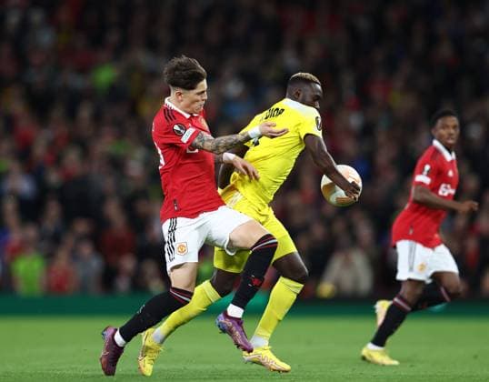 Manchester, England, 27th October 2022. Alejandro Garnacho of Manchester United, ManU with Mouhamed Diop of FC Sheriff Tiraspol during the UEFA Europa League match at Old Trafford, Manchester. Picture credit should read: Darren Staples Sportimage EDITORIAL USE ONLY. No use with unauthorised audio, video, data, fixture lists, club league logos or live services. Online in-match use limited to 120 images, no video emulation. No use in betting, games or single club league player publications. SPI-1993-0010