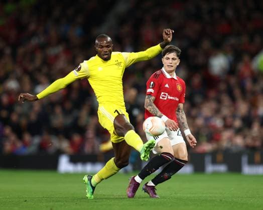 Manchester, England, 27th October 2022. Alejandro Garnacho of Manchester United, ManU with Gaby Kiki of FC Sheriff Tiraspol during the UEFA Europa League match at Old Trafford, Manchester. Picture credit should read: Darren Staples Sportimage EDITORIAL USE ONLY. No use with unauthorised audio, video, data, fixture lists, club league logos or live services. Online in-match use limited to 120 images, no video emulation. No use in betting, games or single club league player publications. SPI-1993-0016