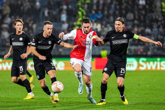 UEFA Europa League: SK Sturm Graz v Feyenoord Graz - William Boving of Strum Graz, Tomi Horvat of Strum Graz, Orkun Kokcu of Feyenoord, Stefan Hierlander of Strum Graz during the match between SK Sturm Graz v Feyenoord at Stadion Graz-Liebenau on 27 October 2022 in Graz, Austria. Copyright: xTomxBodex