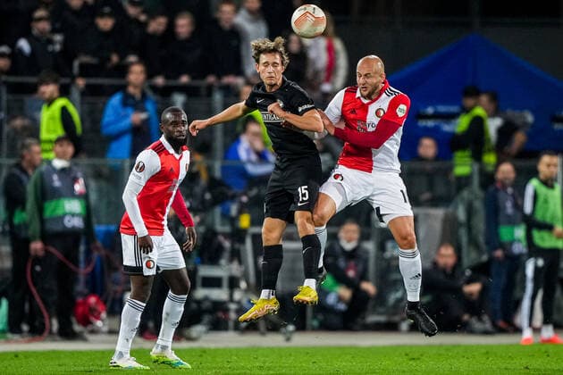 UEFA Europa League: SK Sturm Graz v Feyenoord Graz - William Boving of Strum Graz, Gernot Trauner of Feyenoord during the match between SK Sturm Graz v Feyenoord at Stadion Graz-Liebenau on 27 October 2022 in Graz, Austria. Copyright: xTomxBodex