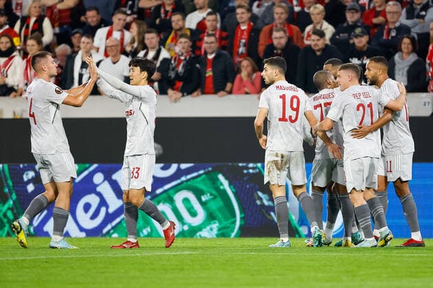 Goal celebration Olympiacos FC at 0 1 by Youssef El Arabi Olympiacos FC, 11 , GER, SC Freiburg vs Olympiacos FC, Football, UEFA Europa League, Matchday 5, Group Stage, 27 10 2022 GER, SC Freiburg vs Olympiacos FC, Football, UEFA Europa League, Matchday 5, Group Stage, 27 10 2022 Freiburg im Breisgau Copyright: xEibner-Pressefoto GrantxHubbsx EP_GHS