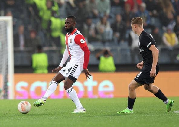 SOCCER - UEFA EL, Sturm vs Feyenoord GRAZ,AUSTRIA,27.OCT.22 - SOCCER - UEFA Europa League, group stage, SK Sturm Graz vs Feyenoord Rotterdam. Image shows Lutsharel Geertuida (Feyenoord) and Alexander Prass (Sturm).  GEPAxpictures xChrisxBauer