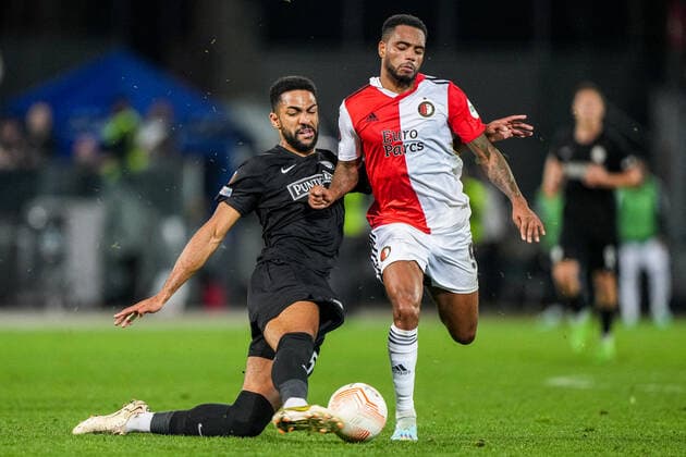 UEFA Europa League: SK Sturm Graz v Feyenoord Graz - Gregory Wuthrich of Strum Graz, Danilo Pereira da Silva of Feyenoord during the match between SK Sturm Graz v Feyenoord at Stadion Graz-Liebenau on 27 October 2022 in Graz, Austria. Copyright: xTomxBodex