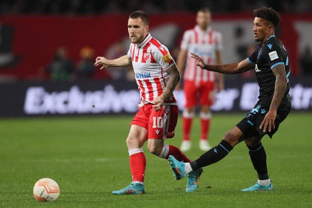 CRVENA ZVEZDA vs TRABZONSPOR ALEKSANDAR KATAI vs JEAN PHILIPPE GBAMIN football Crvena zvezda against Trabzonspor UEFA Europa league, Rajko Mitic stadium, Belgrade, 27.10.2022 Foto: FOOTBALL, UEFA EUROPA LEAGUE, CRVENA ZVEZDA, RED STAR, TRABZONSPOR Belgrade Rajko Mitic stadium Serbia Copyright: xMarkoxMetlas xMNxPressx