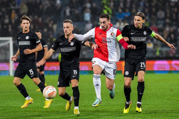 UEFA Europa League: SK Sturm Graz v Feyenoord Graz - William Boving of Strum Graz, Tomi Horvat of Strum Graz, Orkun Kokcu of Feyenoord, Stefan Hierlander of Strum Graz during the match between SK Sturm Graz v Feyenoord at Stadion Graz-Liebenau on 27 October 2022 in Graz, Austria. Copyright: xTomxBodex