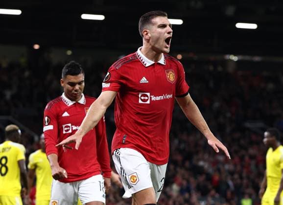 Manchester, England, 27th October 2022. Diogo Dalot of Manchester United, ManU celebrates scoring the first goal during the UEFA Europa League match at Old Trafford, Manchester. Picture credit should read: Darren Staples Sportimage EDITORIAL USE ONLY. No use with unauthorised audio, video, data, fixture lists, club league logos or live services. Online in-match use limited to 120 images, no video emulation. No use in betting, games or single club league player publications. SPI-1993-0029