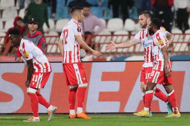 CRVENA ZVEZDA vs TRABZONSPOR OSMAN BUKARI, ALEKSANDAR PESIC, ALEKSANDAR KATAI, GUELOR KANGA celebration football Crvena zvezda against Trabzonspor UEFA Europa league, Rajko Mitic stadium, Belgrade, 27.10.2022 Foto: FOOTBALL, UEFA EUROPA LEAGUE, CRVENA ZVEZDA, RED STAR, TRABZONSPOR Belgrade Rajko Mitic stadium Serbia Copyright: xMarkoxMetlas xMNxPressx