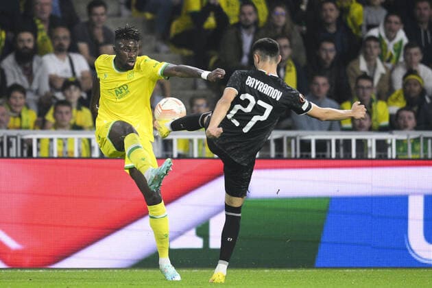 Evann Guessand (Nantes) vs Toral Bayramov (Qarabah) FOOTBALL : FC NANTES vs QARABAH FK - Ligue Europa - J5 - 27 10 2022 JBAutissier Panoramic 
