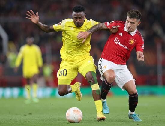Mandatory Credit: Photo by Magi Haroun Shutterstock (13495235k) Lisandro Martinez of Manchester United, ManU and Iyayi Atiemwen of Sheriff Tiraspol Manchester United v Sheriff Tiraspol, UEFA Europa League, Group E, Football, Old Trafford, Manchester, UK - 27 Oct 2022 EDITORIAL USE ONLY No use with unauthorised audio, video, data, fixture lists, club league logos or live services. Online in-match use limited to 120 images, no video emulation. No use in betting, games or single club league player publications. Manchester United v Sheriff Tiraspol, UEFA Europa League, Group E, Football, Old Trafford, Manchester, UK - 27 Oct 2022 EDITORIAL USE ONLY No use with unauthorised audio, video, data, fixture lists, club league logos or live services. Online in-match use limited to 120 images, no video emulation. No use in betting, games or single club league player publications. Copyright: xMagixHaroun Shutterstockx 13495235k