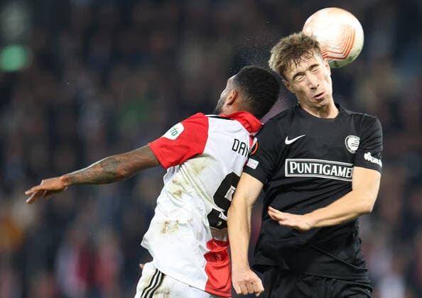SOCCER - UEFA EL, Sturm vs Feyenoord GRAZ,AUSTRIA,27.OCT.22 - SOCCER - UEFA Europa League, group stage, SK Sturm Graz vs Feyenoord Rotterdam. Image shows Danilo (Feyenoord) and David Affengruber (Sturm).  GEPAxpictures xChrisxBauer