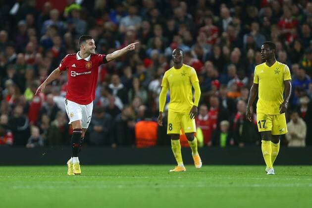 Mandatory Credit: Photo by Phil Oldham Shutterstock (13491515v) Diogo Dalot of Manchester United, ManU celebrates scoring the opening goal Manchester United v Sheriff Tiraspol, UEFA Europa League, Group E, Football, Old Trafford, Manchester, UK - 27 Oct 2022 EDITORIAL USE ONLY No use with unauthorised audio, video, data, fixture lists, club league logos or live services. Online in-match use limited to 120 images, no video emulation. No use in betting, games or single club league player publications. Manchester United v Sheriff Tiraspol, UEFA Europa League, Group E, Football, Old Trafford, Manchester, UK - 27 Oct 2022 EDITORIAL USE ONLY No use with unauthorised audio, video, data, fixture lists, club league logos or live services. Online in-match use limited to 120 images, no video emulation. No use in betting, games or single club league player publications. Copyright: xPhilxOldham Shutterstockx 13491515v