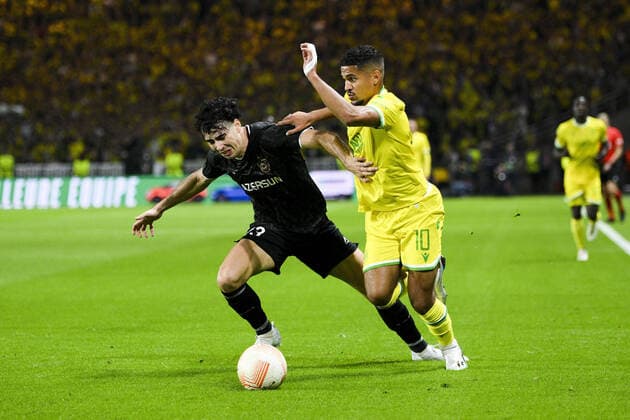 Ludovic Blas (Nantes) vs Behlul Mustafazada (Qarabah) FOOTBALL : FC NANTES vs QARABAH FK - Ligue Europa - J5 - 27 10 2022 JBAutissier Panoramic 