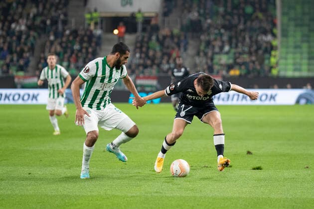 Ferencvaros v Monaco, UEFA Europa League football, Budapest, Hungary Budapest, Hungary. 27h, October 2022. Aleksandr Golovin (17) of Monaco and Aissa Laidouni (93) of Ferencvaros seen during the UEFA Europa League match between Ferencvaros and Monaco at Groupama Arena in Budapest. Budepest Hungary  Copyright: xGonzalesxPhoto BalazsxPopalx