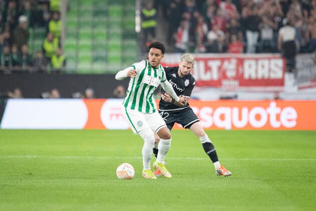 Ferencvaros v Monaco, UEFA Europa League football, Budapest, Hungary Budapest, Hungary. 27h, October 2022. Ryan Mmaee (8) of Ferencvaros and Caio Henrique (12) of Monaco seen during the UEFA Europa League match between Ferencvaros and Monaco at Groupama Arena in Budapest. Budepest Hungary  Copyright: xGonzalesxPhoto BalazsxPopalx