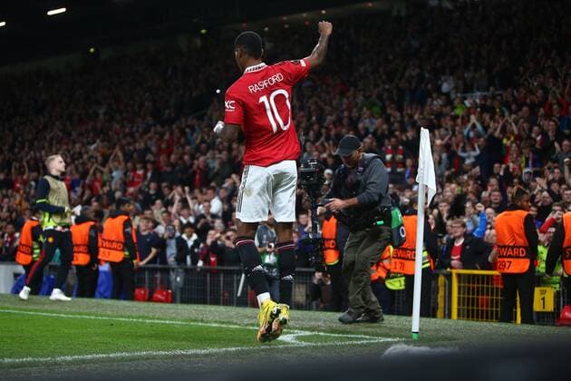 Mandatory Credit: Photo by Phil Oldham Shutterstock (13491515aq) Marcus Rashford of Manchester United, ManU celebrates scoring his sides second goal Manchester United v Sheriff Tiraspol, UEFA Europa League, Group E, Football, Old Trafford, Manchester, UK - 27 Oct 2022 EDITORIAL USE ONLY No use with unauthorised audio, video, data, fixture lists, club league logos or live services. Online in-match use limited to 120 images, no video emulation. No use in betting, games or single club league player publications. Manchester United v Sheriff Tiraspol, UEFA Europa League, Group E, Football, Old Trafford, Manchester, UK - 27 Oct 2022 EDITORIAL USE ONLY No use with unauthorised audio, video, data, fixture lists, club league logos or live services. Online in-match use limited to 120 images, no video emulation. No use in betting, games or single club league player publications. Copyright: xPhilxOldham Shutterstockx 13491515aq