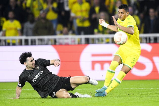 Mostafa Mohamed Ahmed Abdalla (Nantes) vs Behlul Mustafazada (Qarabah) FOOTBALL : FC NANTES vs QARABAH FK - Ligue Europa - J5 - 27 10 2022 JBAutissier Panoramic 