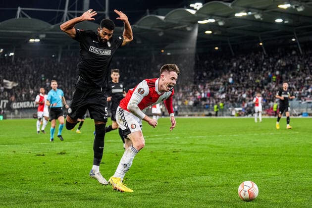 UEFA Europa League: SK Sturm Graz v Feyenoord Graz - Gregory Wuthrich of Strum Graz, Patrik Walemark of Feyenoord during the match between SK Sturm Graz v Feyenoord at Stadion Graz-Liebenau on 27 October 2022 in Graz, Austria. Copyright: xTomxBodex