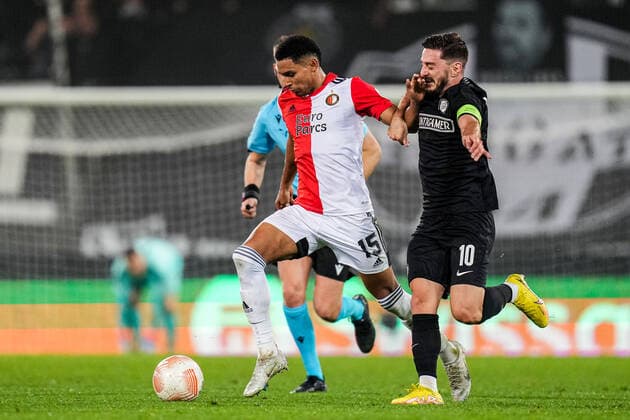 UEFA Europa League: SK Sturm Graz v Feyenoord Graz - Marcos Lopez of Feyenoord, Otar Kiteishvili of Strum Graz during the match between SK Sturm Graz v Feyenoord at Stadion Graz-Liebenau on 27 October 2022 in Graz, Austria. Copyright: xYannickxVerhoevenx