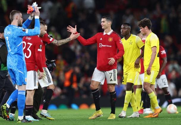 Manchester, England, 27th October 2022. A smiling Cristiano Ronaldo of Manchester United, ManU celebrates the win during the UEFA Europa League match at Old Trafford, Manchester. Picture credit should read: Darren Staples Sportimage EDITORIAL USE ONLY. No use with unauthorised audio, video, data, fixture lists, club league logos or live services. Online in-match use limited to 120 images, no video emulation. No use in betting, games or single club league player publications. SPI-1993-0050