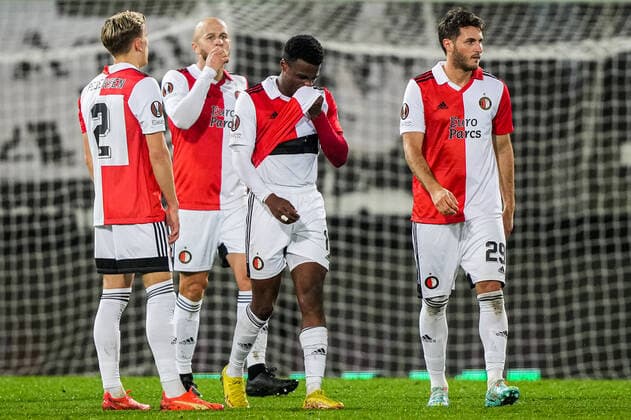 UEFA Europa League: SK Sturm Graz v Feyenoord Graz - Marcus Holmgren Pedersen of Feyenoord, Gernot Trauner of Feyenoord, Quinten Timber of Feyenoord, Santiago Gimenez of Feyenoord during the match between SK Sturm Graz v Feyenoord at Stadion Graz-Liebenau on 27 October 2022 in Graz, Austria. Copyright: xTomxBodex
