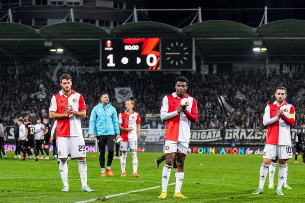 UEFA Europa League: SK Sturm Graz v Feyenoord Graz - Santiago Gimenez of Feyenoord, Javairo Dilrosun of Feyenoord, Orkun Kokcu of Feyenoord during the match between SK Sturm Graz v Feyenoord at Stadion Graz-Liebenau on 27 October 2022 in Graz, Austria. Copyright: xYannickxVerhoevenx