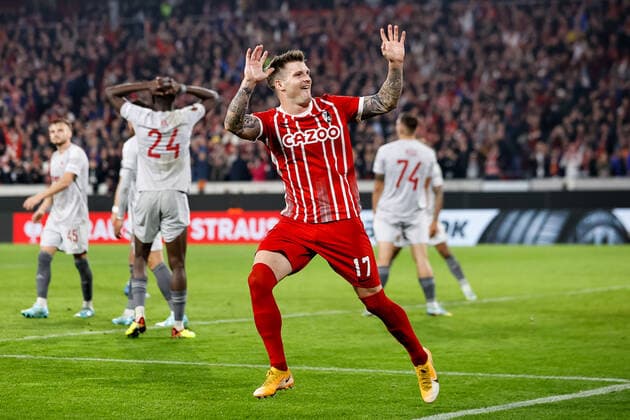 Goal celebration for Lukas Kuebler SC Freiburg, 17 after his goal to 1 1 , GER, SC Freiburg vs Olympiacos FC, Football, UEFA Europa League, Matchday 5, Group Stage, 27 10 2022 GER, SC Freiburg vs Olympiacos FC, Football, UEFA Europa League, Matchday 5, Group Stage, 27 10 2022 Freiburg im Breisgau, Germany Copyright: xEibner-Pressefoto GrantxHubbsx EP_GHS