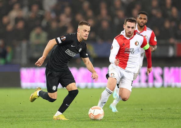 SOCCER - UEFA EL, Sturm vs Feyenoord GRAZ,AUSTRIA,27.OCT.22 - SOCCER - UEFA Europa League, group stage, SK Sturm Graz vs Feyenoord Rotterdam. Image shows Tomi Horvat (Sturm) and Orkun Koekcue (Feyenoord).  GEPAxpictures xChrisxBauer
