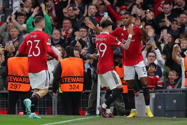 UEFA Europa League Manchester United, ManU v Sheriff Tiraspol Marcus Rashford and Alejandro Garnacho celebrating a goal during the UEFA Europa League match Manchester United vs Sheriff Tiraspol at Old Trafford, Manchester, United Kingdom, 27th October 2022 (Photo by Stefan Constantin News Images) Manchester Old Trafford Greater Manchester United Kingdom Copyright: xStefanxConstantin NewsxImagesx