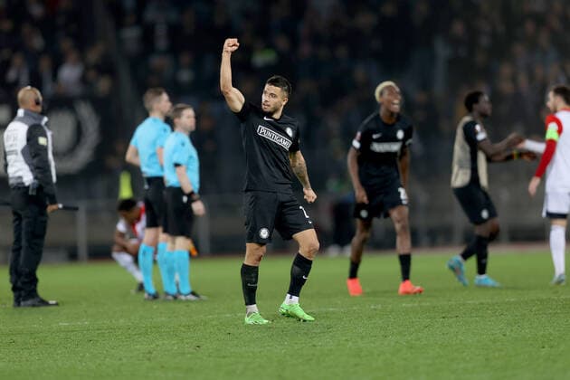 SOCCER - UEFA EL, Sturm vs Feyenoord GRAZ,AUSTRIA,27.OCT.22 - SOCCER - UEFA Europa League, group stage, SK Sturm Graz vs Feyenoord Rotterdam. Image shows the rejoicing of Jusuf Gazibegovic (Sturm).  GEPAxpictures xHansxOberlaender