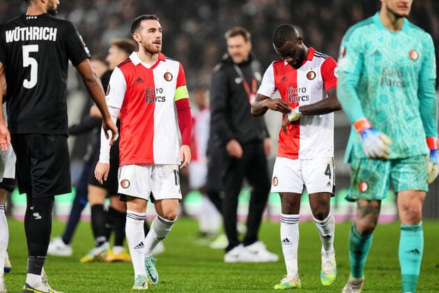 UEFA Europa League: SK Sturm Graz v Feyenoord Graz - Orkun Kokcu of Feyenoord, Lutsharel Geertruida of Feyenoord during the match between SK Sturm Graz v Feyenoord at Stadion Graz-Liebenau (Merkur Arena) on 27 October 2022 in Graz, Austria. Copyright: xYannickxVerhoevenx