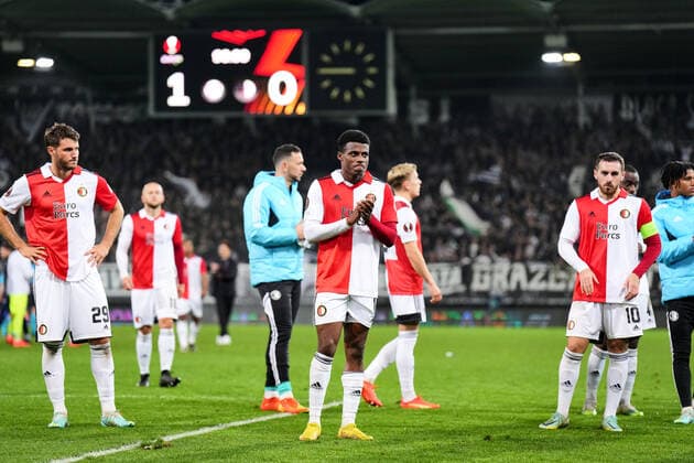 UEFA Europa League: SK Sturm Graz v Feyenoord Graz - Santiago Gimenez of Feyenoord, Javairo Dilrosun of Feyenoord, Orkun Kokcu of Feyenoord during the match between SK Sturm Graz v Feyenoord at Stadion Graz-Liebenau (Merkur Arena) on 27 October 2022 in Graz, Austria. Copyright: xYannickxVerhoevenx