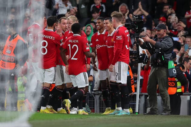 October 27, 2022, Manchester, Greater Manchester, United Kingdom: Manchester United, ManU players celebrating a goal during the UEFA Europa League match Manchester United vs Sheriff Tiraspol at Old Trafford, Manchester, United Kingdom, 27th October 2022. Manchester United Kingdom - ZUMAn307 20221027_zsa_n307_134 Copyright: xStefanxConstantin NewsxImagesx