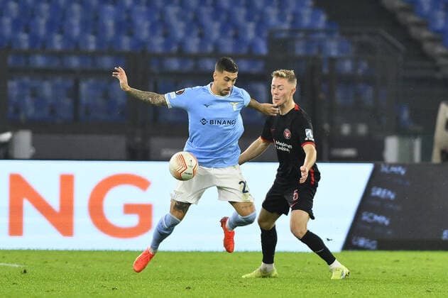 Mattia Zaccagni of S.S. LAZIO and Joel Andersson of FC Midtjylland during the fifth day of UEFA Europa League Group F match between S.S. Lazio and FC Midtjylland at Olimpico Stadium on October 27, 2022 in Rome, Italy.  Copyright: xDomenicoxCippitellix xipa-agencyx xLivexMediax 0