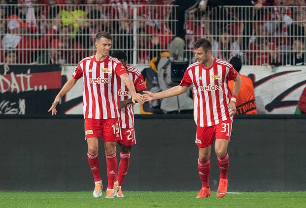 Football, men, season 2022 2023, Europa League group stage, Group D, Matchday 5 , 1 FC Union Berlin SC Braga, v l Janik Haberer 1 FC Union Berlin , Robin Knoche 1 FC Union Berlin , cheering after goal to 1 0, 27 10 2022, Copyright: xSebastianxRäppold MatthiasxKochx