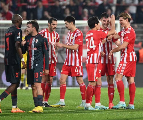 Football, Men, Season 2022 2023, Europa League Group D, Matchday 5 1 FC Union Berlin SC Sporting Braga 1 0 , v l Al Musrati SC Sporting Braga , Andre Horta SC Sporting Braga , Christopher Trimmel 1 FC Union , Diogo Leite 1 FC Union Berlin , Genki Haraguchi 1 FC Union Berlin , Robin Knoche 1 FC Union , Kevin Behrens 1 FC Union Berlin , cheering after the final whistle, 27 10 2022, Copyright: xMatthiasxKochx