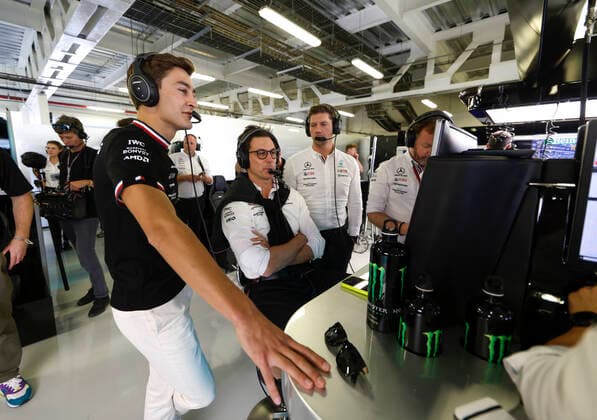 63 George Russell GBR, Mercedes AMG Petronas F1 Team , Toto Wolff AUT, Mercedes AMG Petronas F1 Team , James Vowles GBR, Mercedes AMG Petronas F1 Team , F1 Grand Prix of Mexico at Autodromo Hermanos Rodriguez on October 28, 2022 in Mexico City, Mexico Photo by HOCH ZWEI Mexico City Mexico