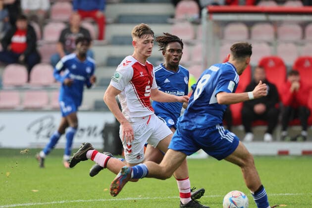 Sport 1 FC Köln U19 vs Schalke04, A Junior Bundesliga West, from left Marlon Monning 1 FC Köln , Nigufor Anubodem Schalke , Nedzhib Hadzha Schalke , 29 10 2022, pic.